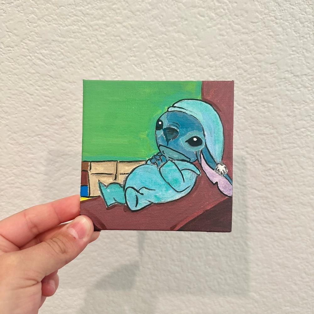 Stitch in PJs Cartoon Acrylic Painting 4”x4” Handmade